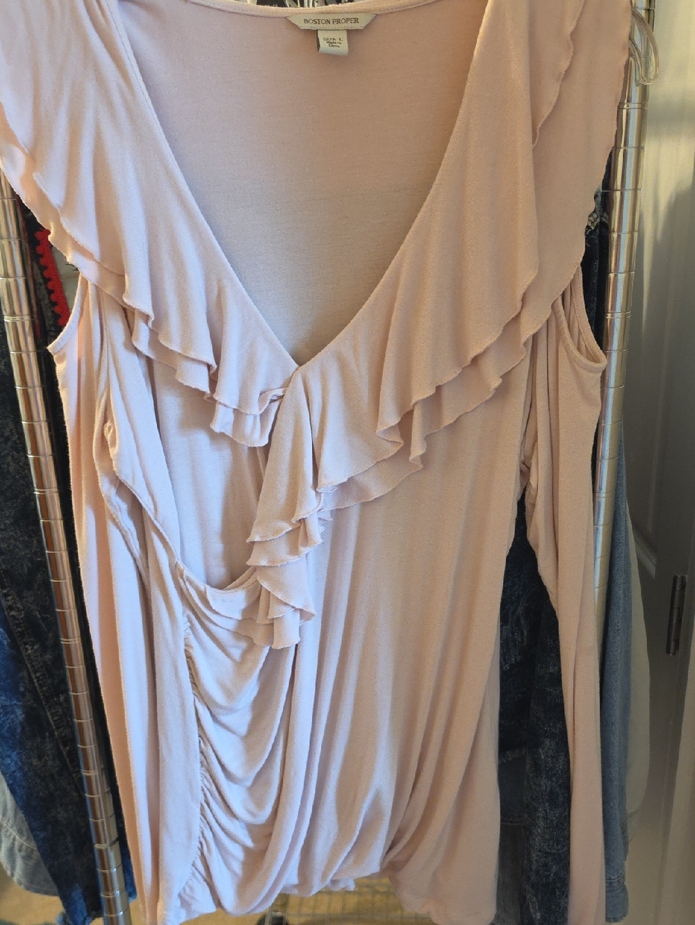 Boston Proper Light Blush Ruffle-Front Long Sleeve Dress